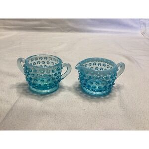 Fenton Blue Opalescent Hobnail Glass Creamer and Sugar Bowl Set Vintage MCM